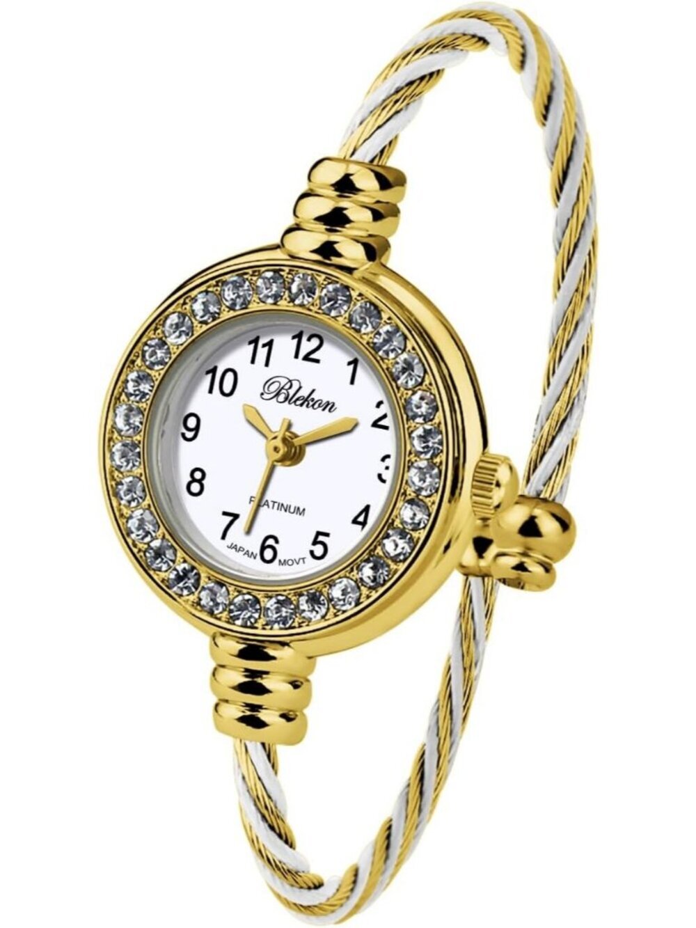 Women's Gold And White Analog Cable Cuff Arabic Number Rhinestone Bracelet Watch